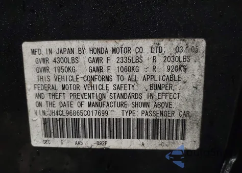 2005 Acura Tsx z USA, uszkodzony, nr VIN JH4CL96865C017699